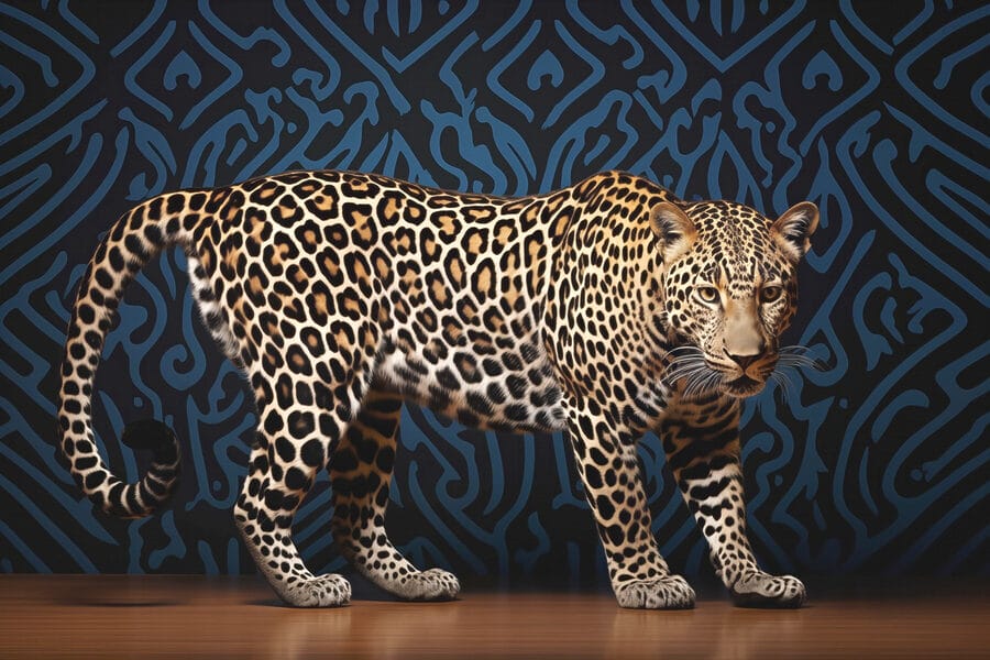 Leopard stojaci na drevenej podlahe