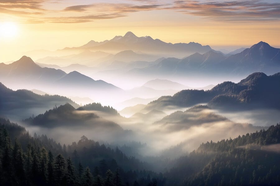 Krajina hôr s hmlou a stromami