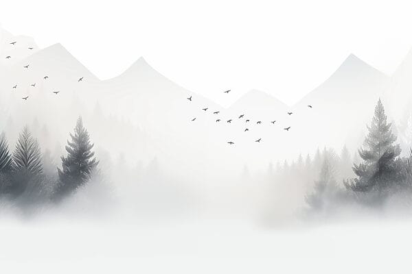 Vtáky letiace nad hmlistým lesom Vtáky letiace nad hmlistým lesom