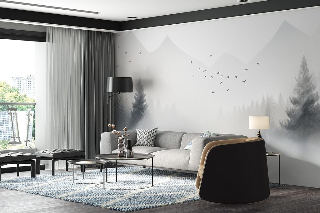 Birds flying over a foggy forest