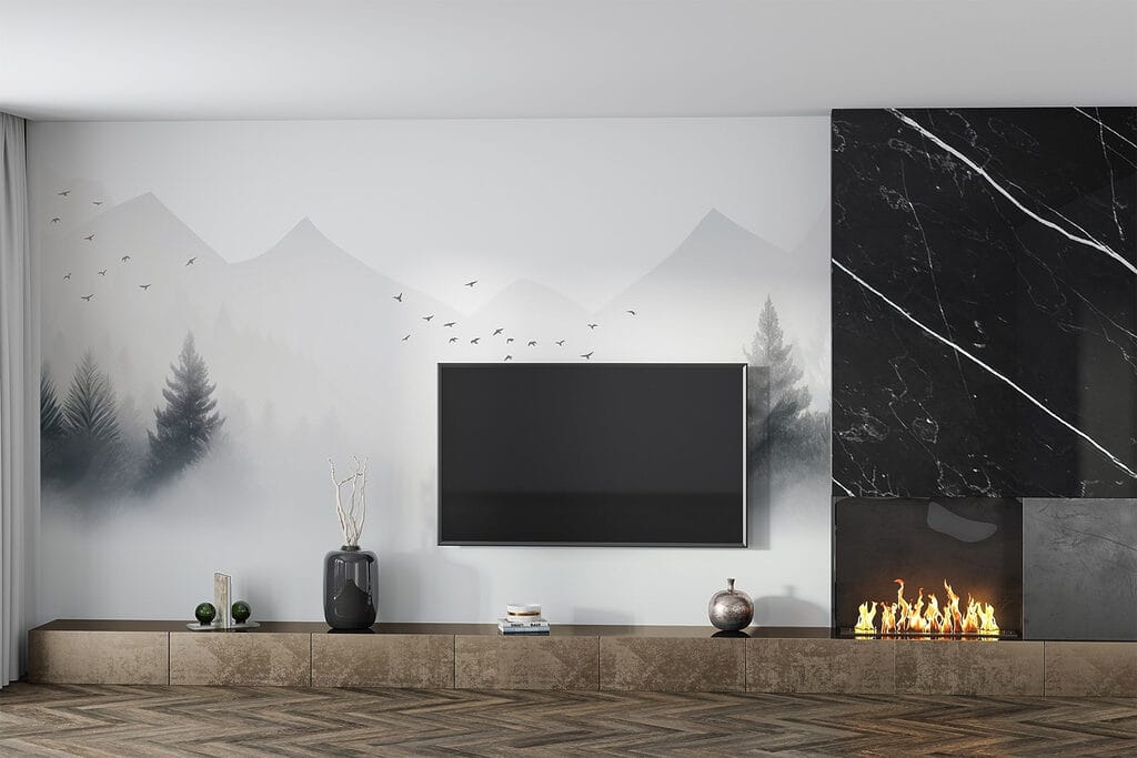 Birds flying over a foggy forest