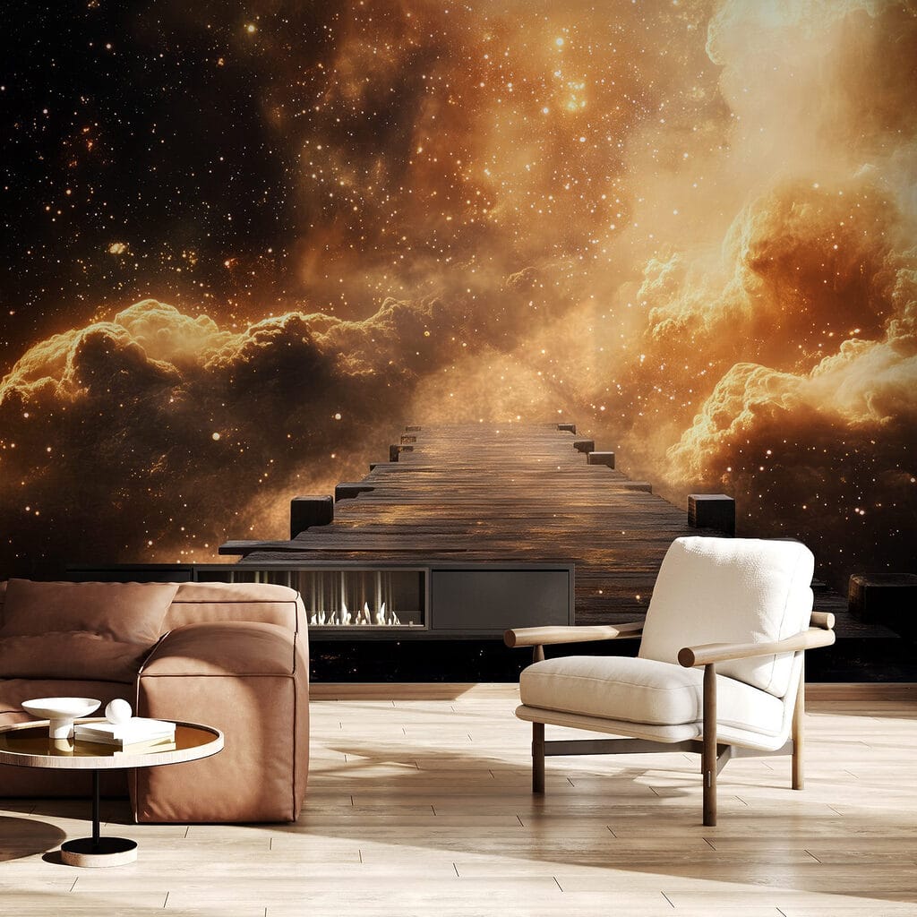 Wooden bridge leading to clouds