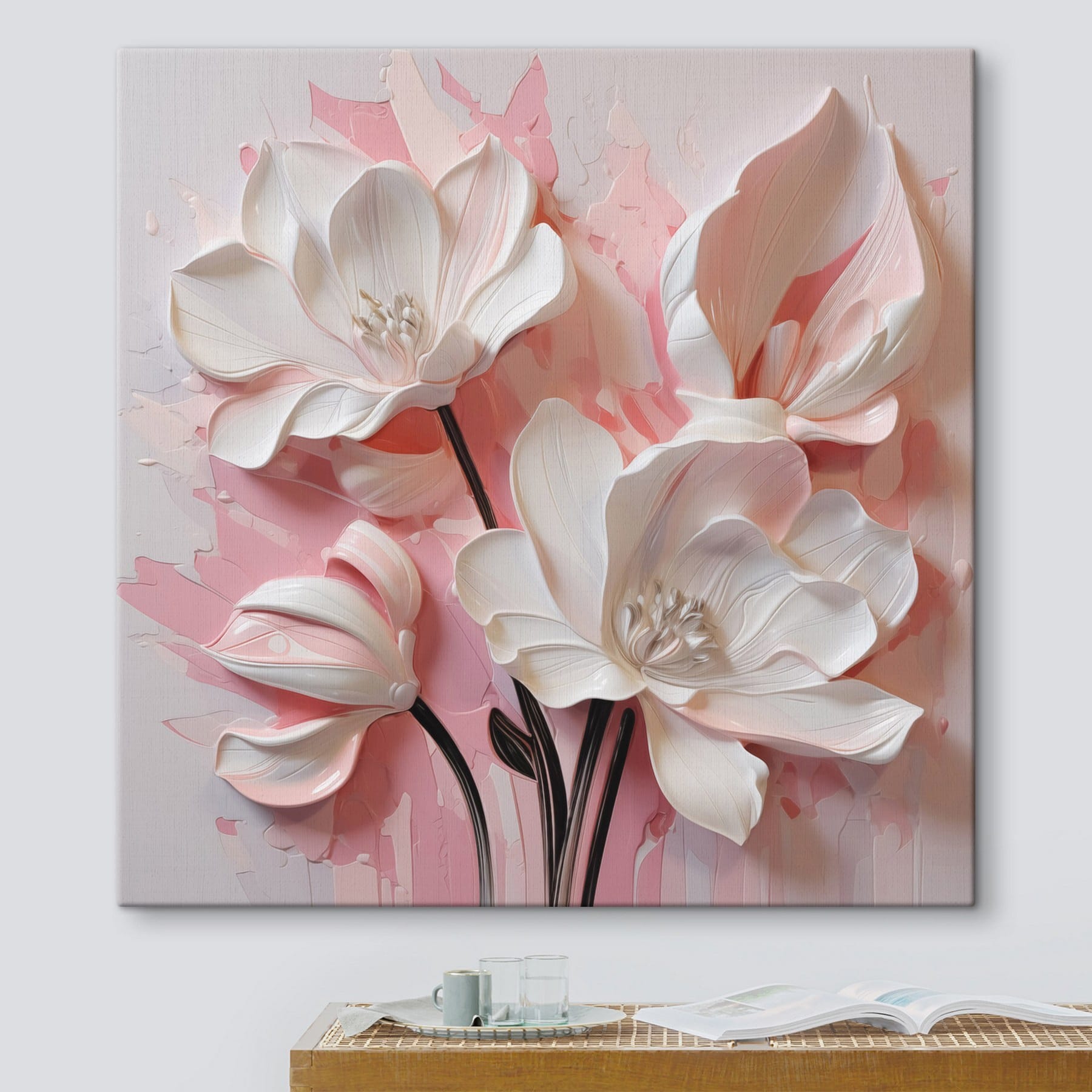 White flowers on a pink background