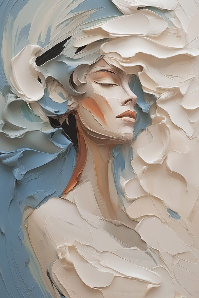 Painting of a woman with white and blue paint