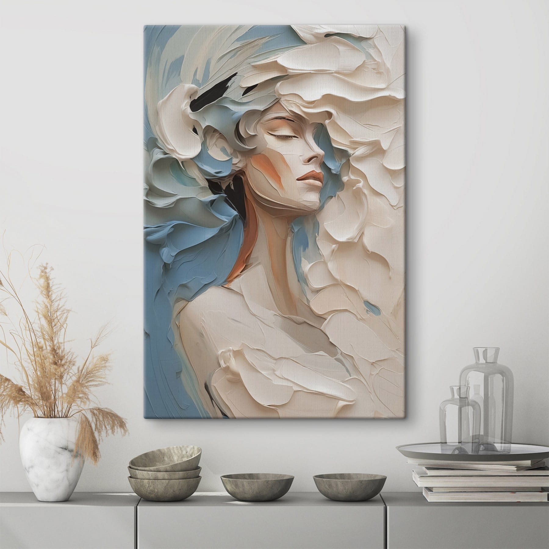 Painting of a woman with white and blue paint