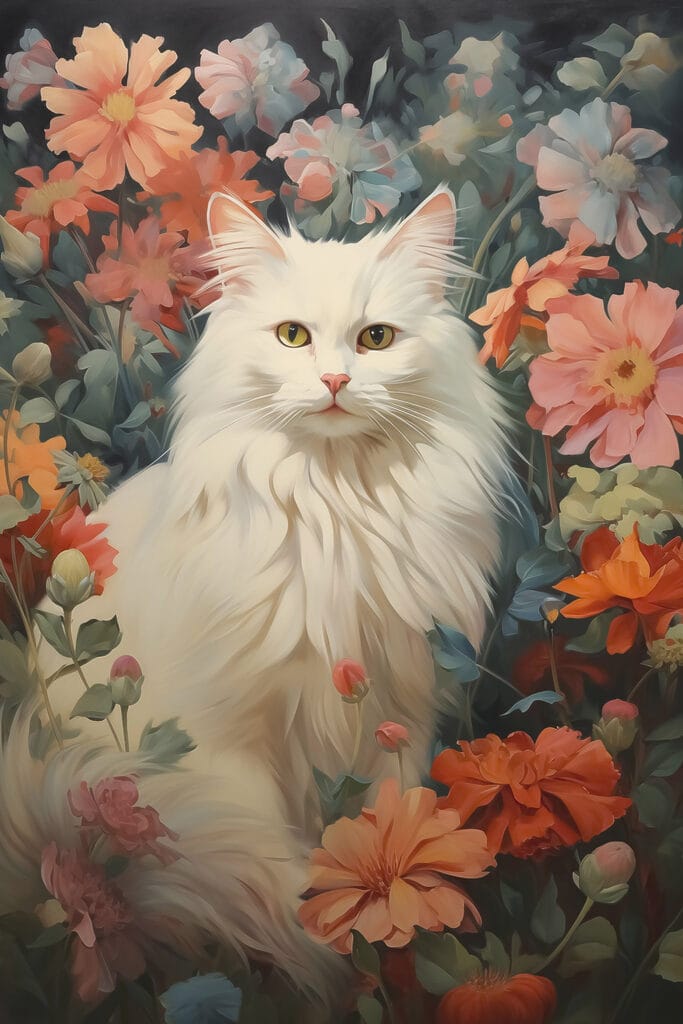 White cat in a flower garden White cat in a flower garden