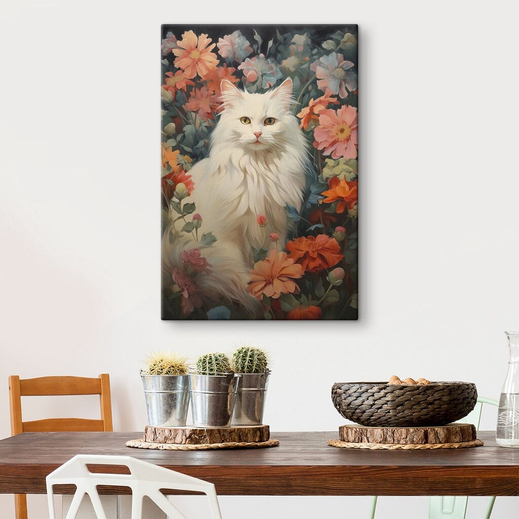 White cat in a flower garden White cat in a flower garden