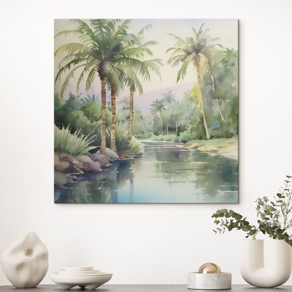 Water with palm trees and rocks Water with palm trees and rocks