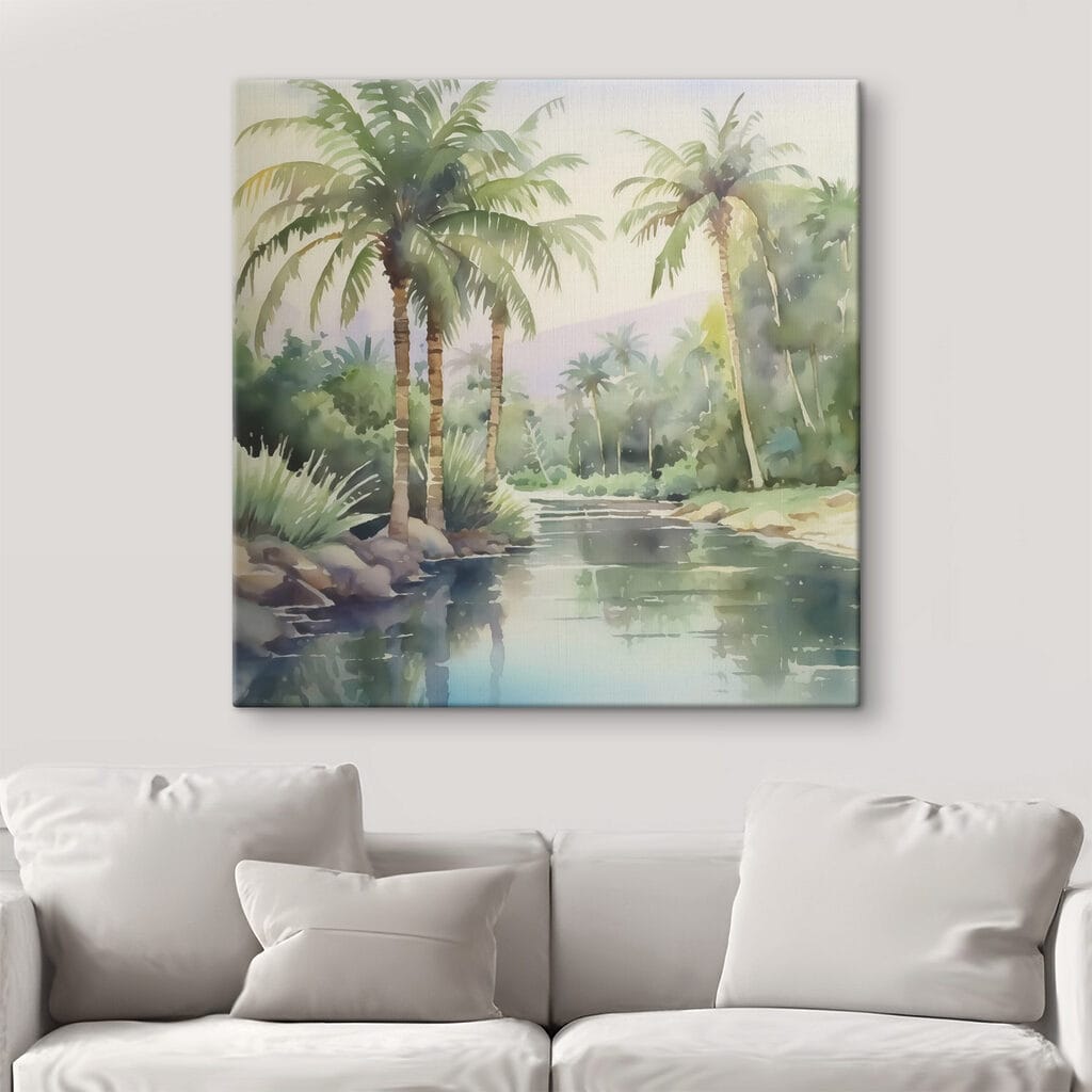 Water with palm trees and rocks Water with palm trees and rocks