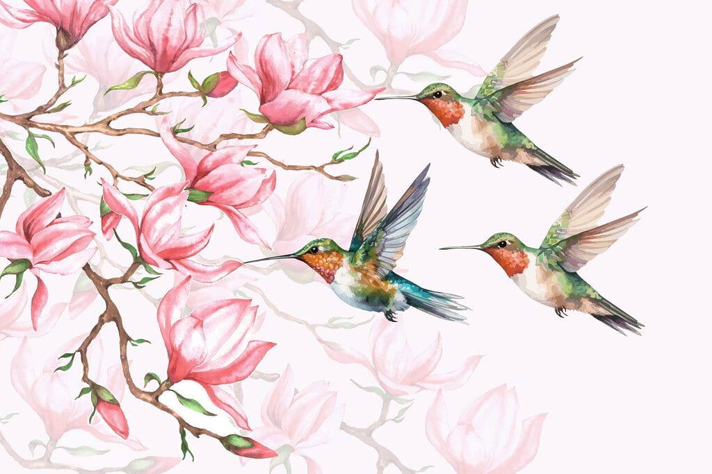 Skupina kolibríkov lietajúcich vedľa kvetov Skupina kolibríkov lietajúcich vedľa kvetov