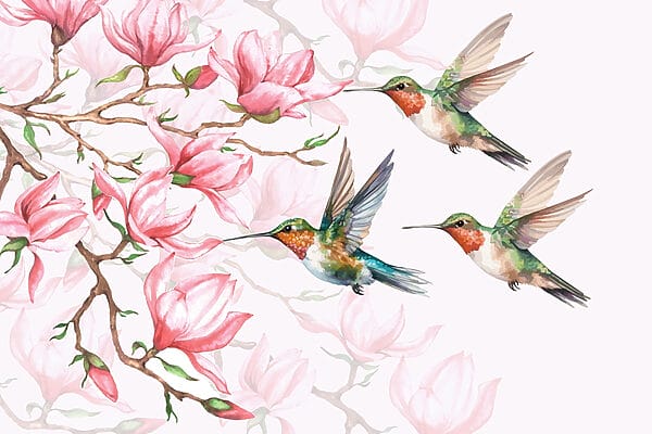 Skupina kolibríkov lietajúcich vedľa kvetov Skupina kolibríkov lietajúcich vedľa kvetov
