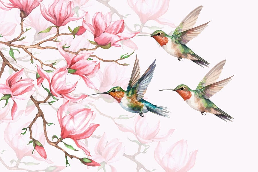 Skupina kolibríkov lietajúcich vedľa kvetov Skupina kolibríkov lietajúcich vedľa kvetov