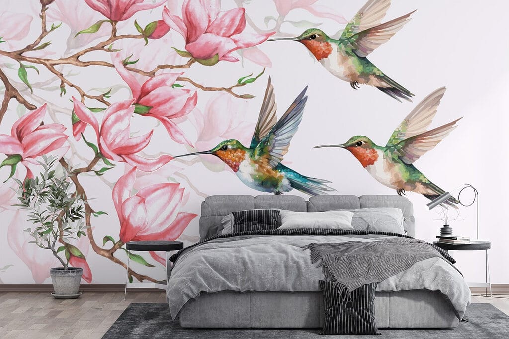 Group of hummingbirds flying next to flowers