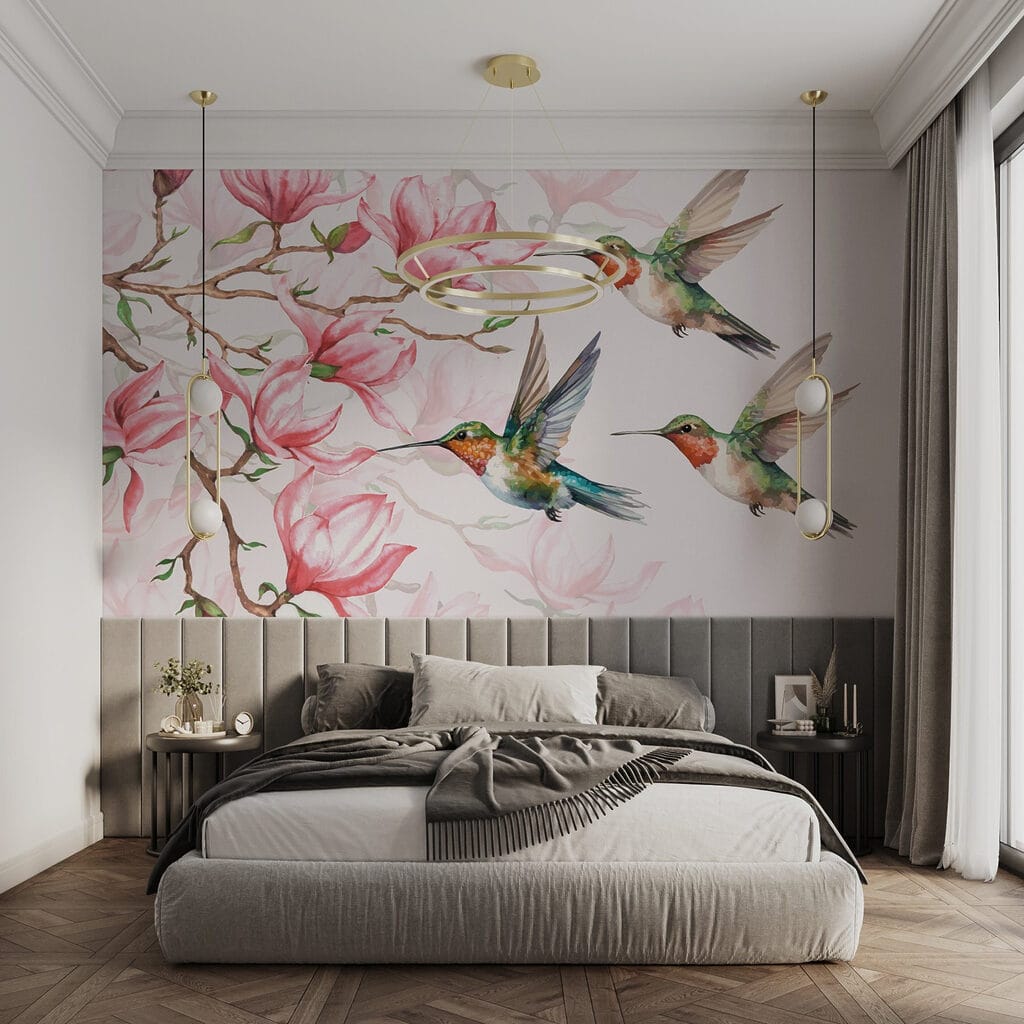 Group of hummingbirds flying next to flowers