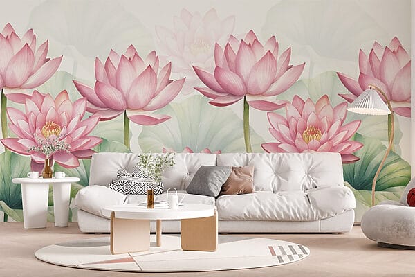 Group of pink flowers with green leaves