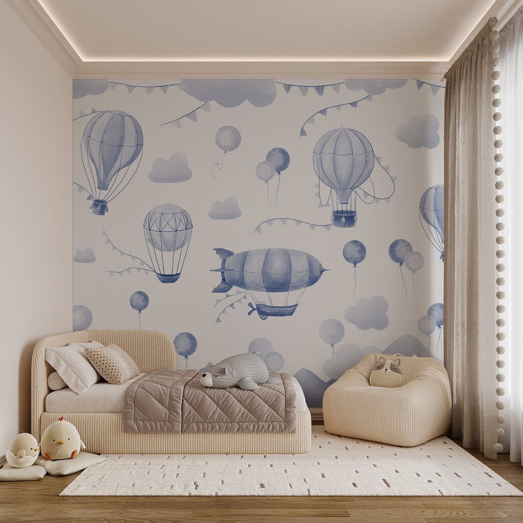 Group of hot air balloons and mountains