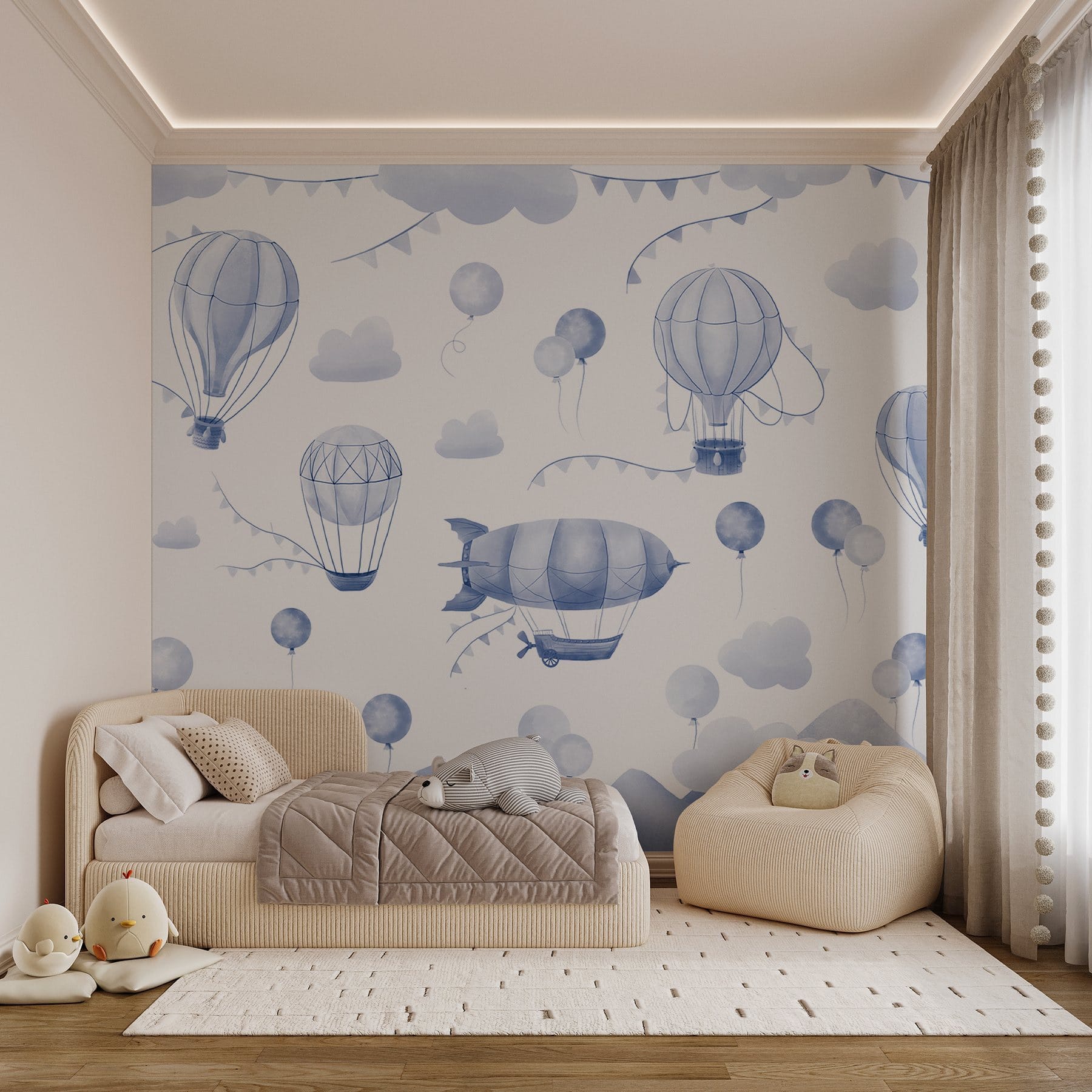 Group of hot air balloons and mountains