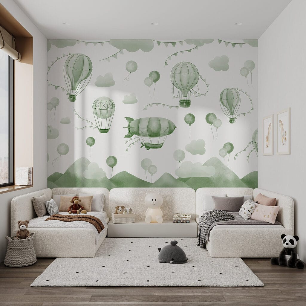 Green and white background with balloons and mountains