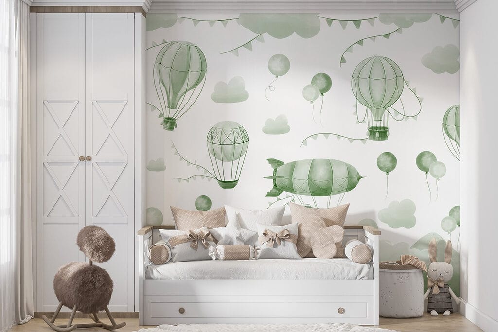 Green and white background with balloons and mountains