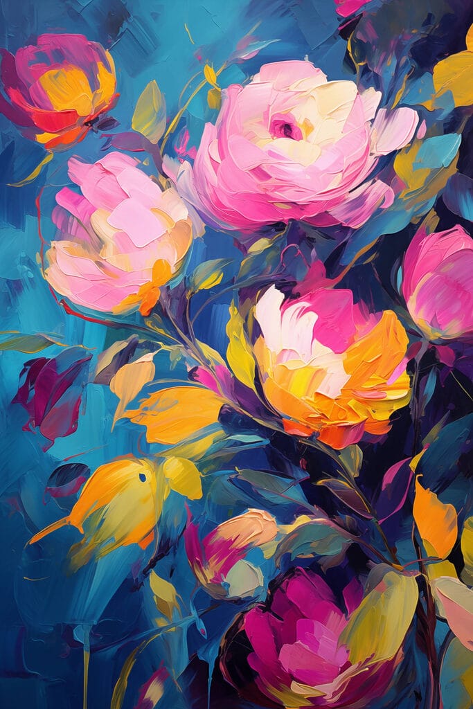 Painting of flowers on a blue background Painting of flowers on a blue background