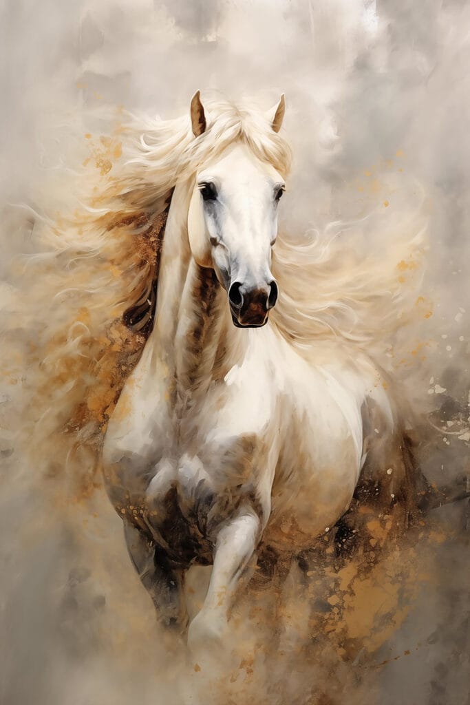 Painting of a white horse with a long mane Painting of a white horse with a long mane
