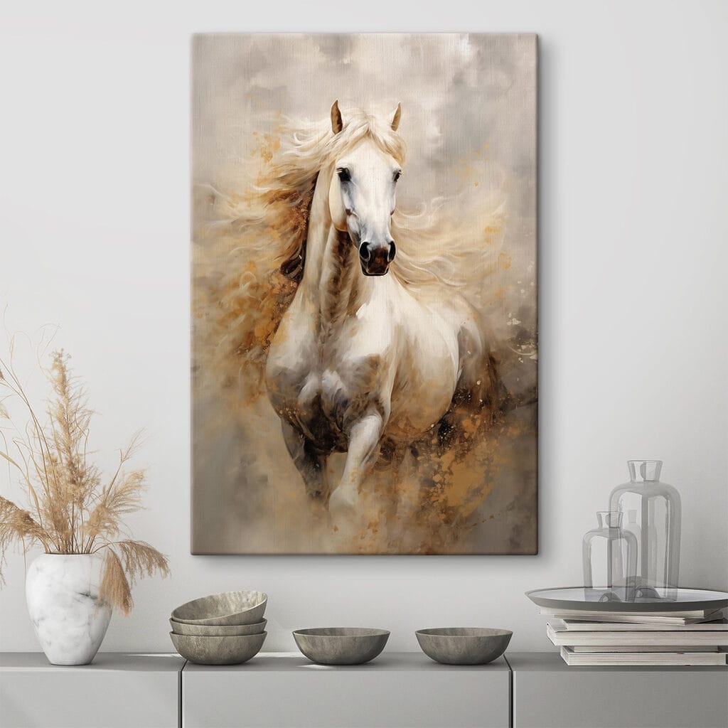 Painting of a white horse with a long mane Painting of a white horse with a long mane