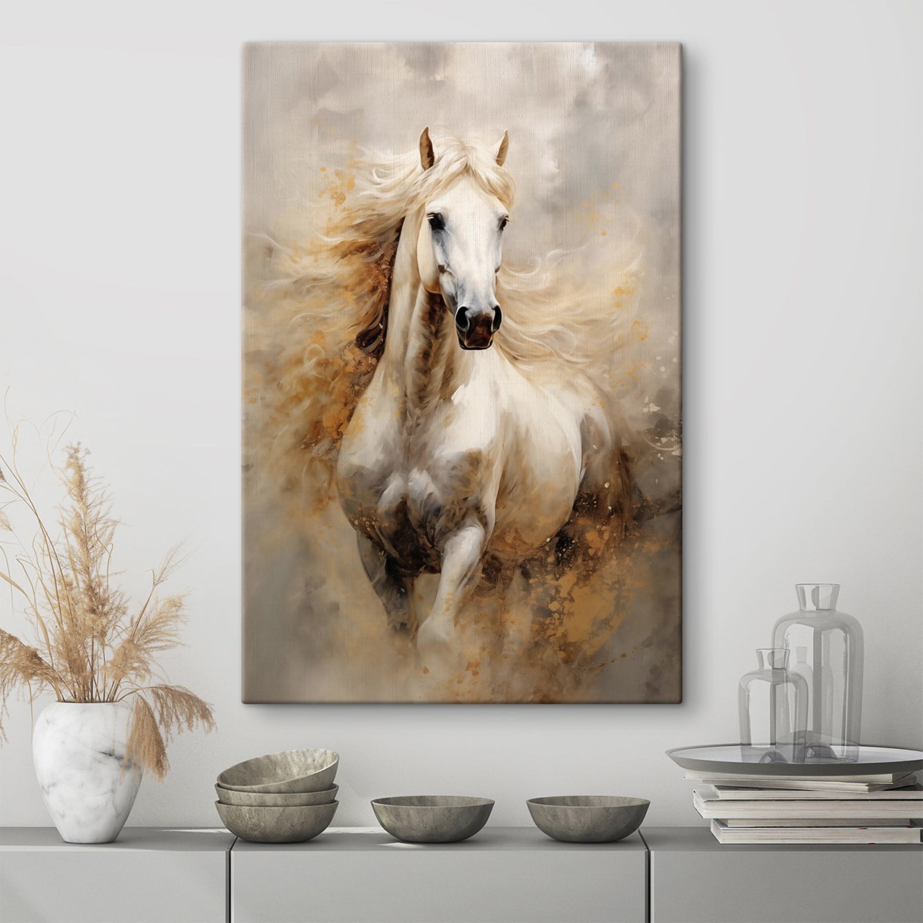 Painting of a white horse with a long mane Painting of a white horse with a long mane