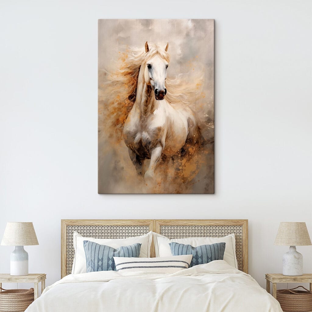 Painting of a white horse with a long mane Painting of a white horse with a long mane