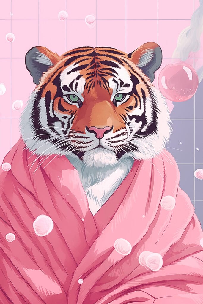 Tiger wearing a pink robe