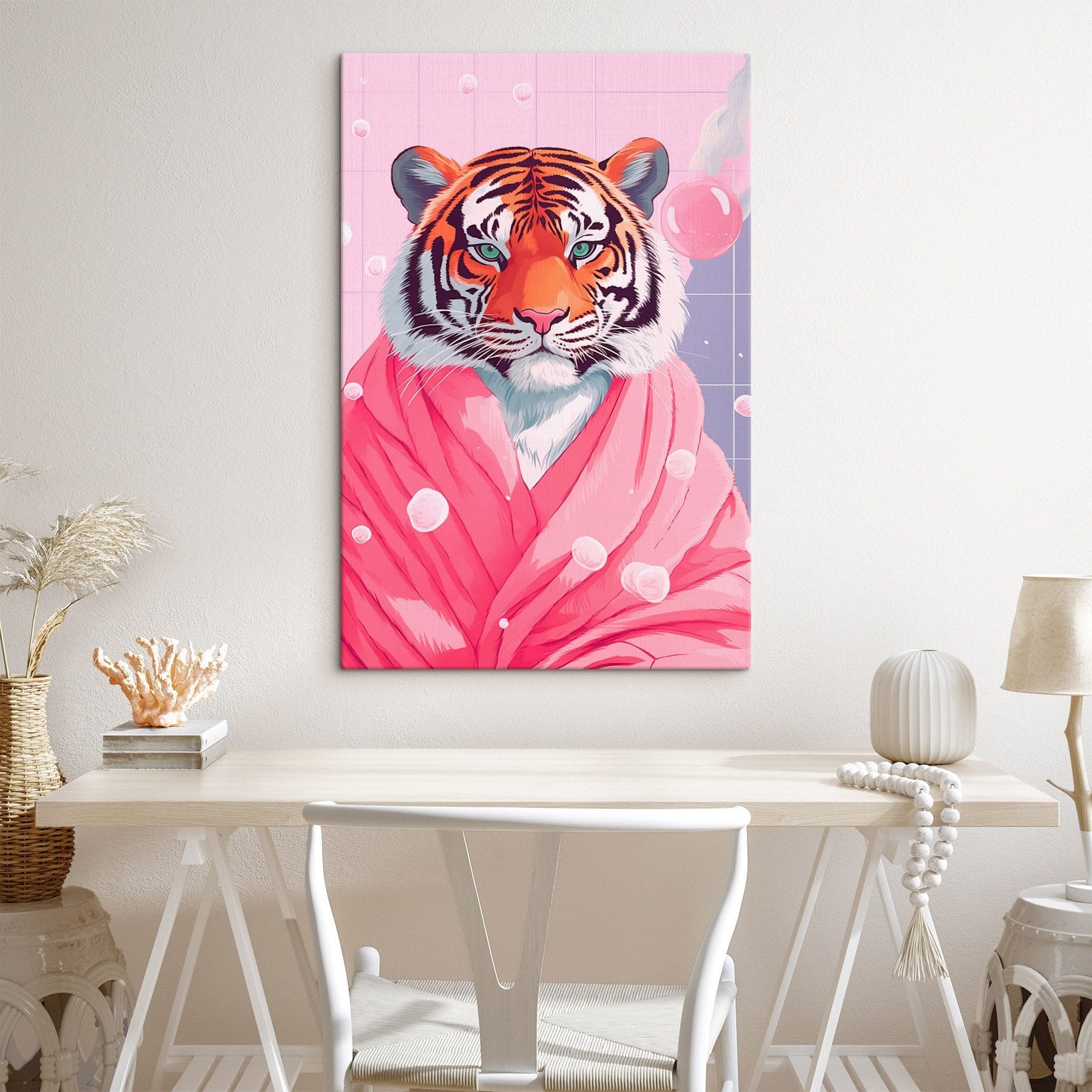 Tiger wearing a pink robe