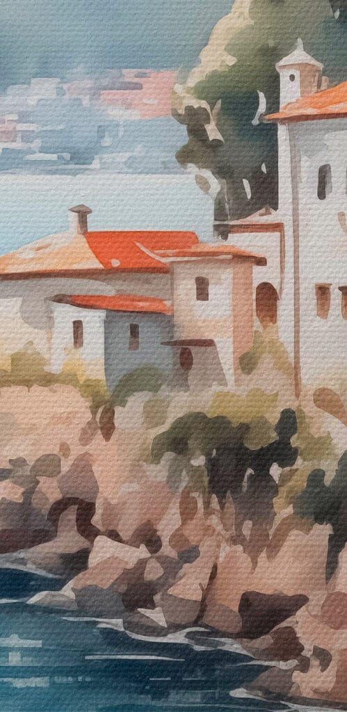 Watercolor painting of a building on a cliff by a body of water