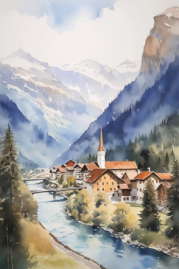 Akvarelová maľba dediny v horách Akvarelová maľba dediny v horách