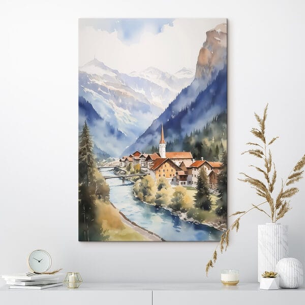 Akvarelová maľba dediny v horách Akvarelová maľba dediny v horách