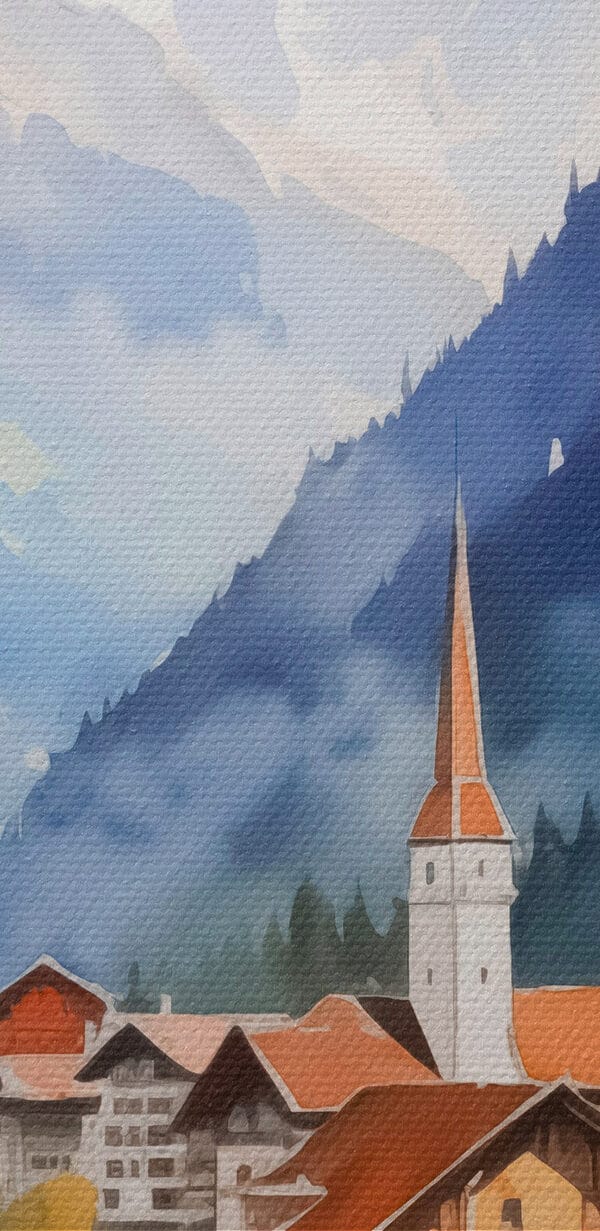 Akvarelová maľba dediny v horách Akvarelová maľba dediny v horách