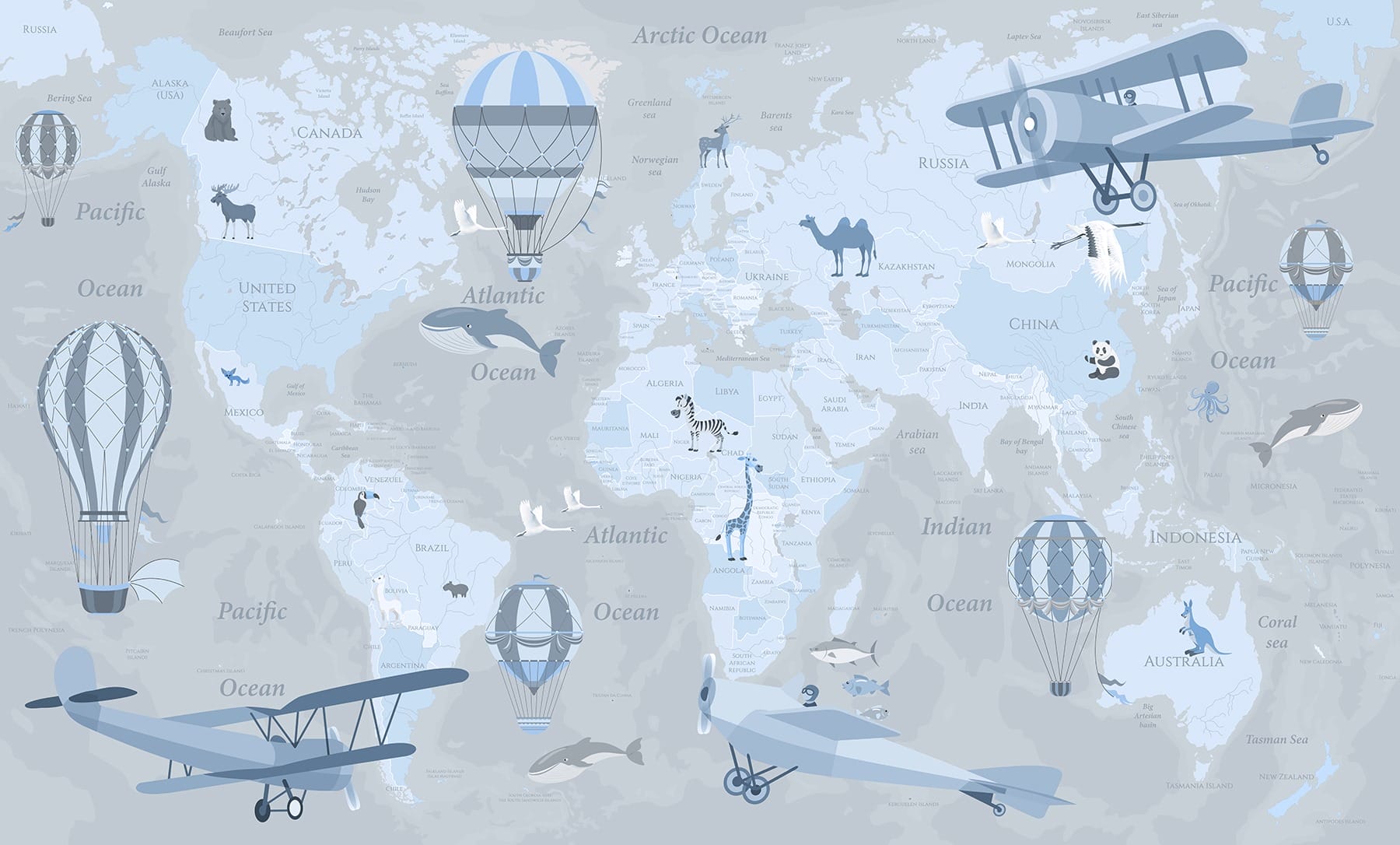 Map of the world with different types of airplanes and animals Map of the world with different types of airplanes and animals