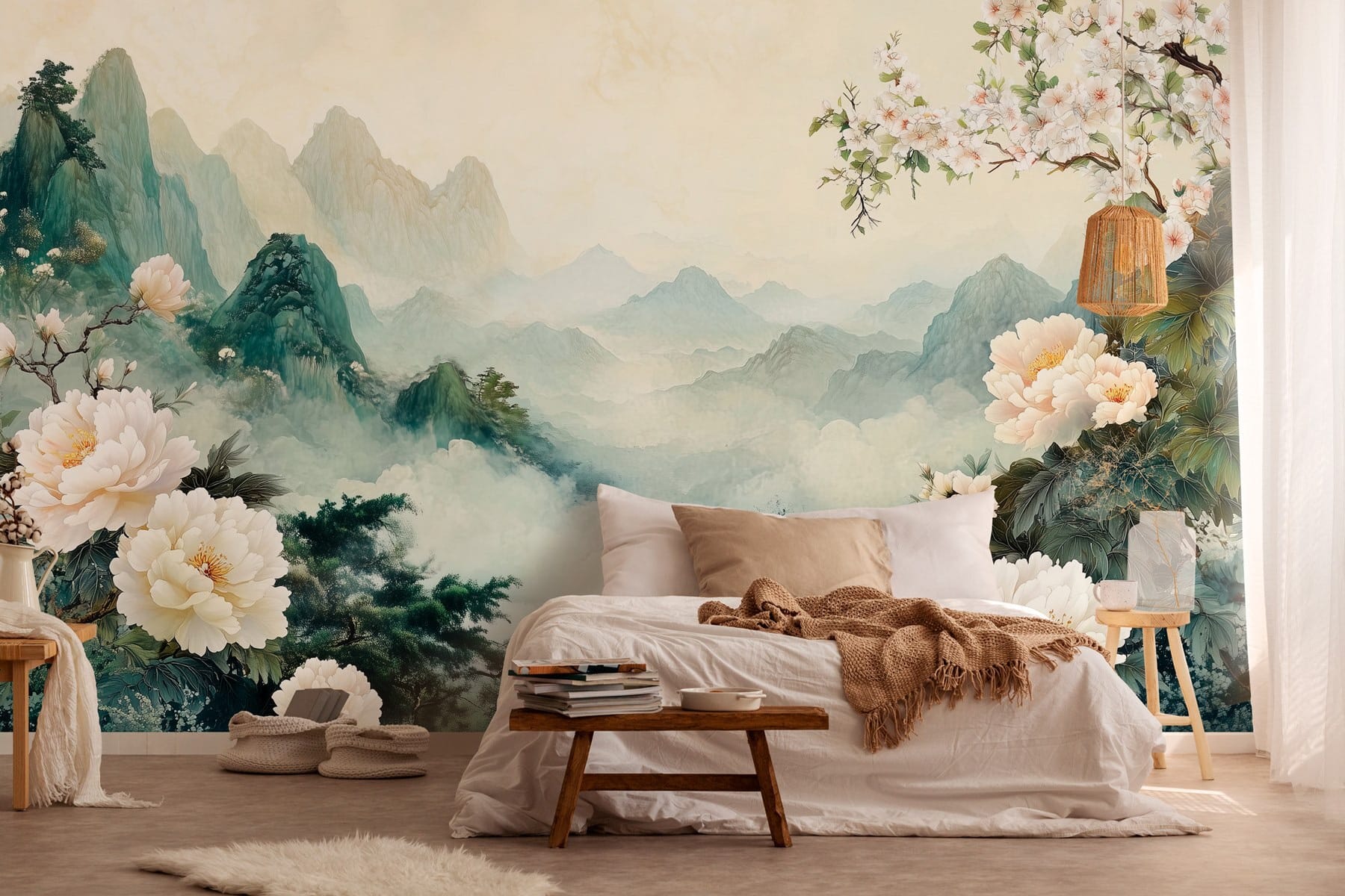 Painting of flowers and mountains