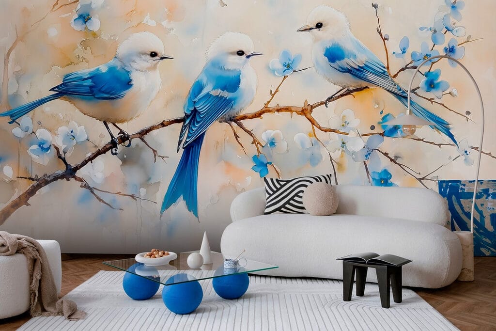 Group of blue birds on a branch