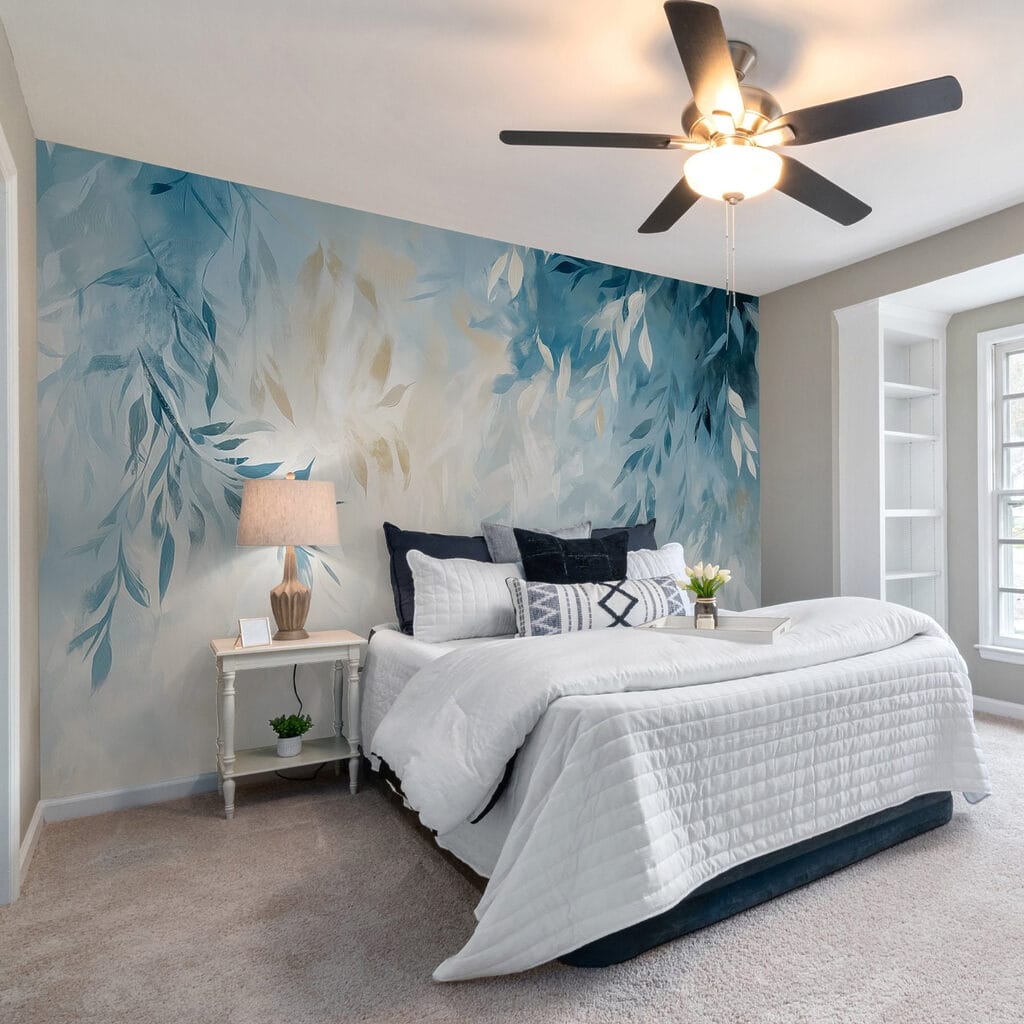 Blue and white background with leaves