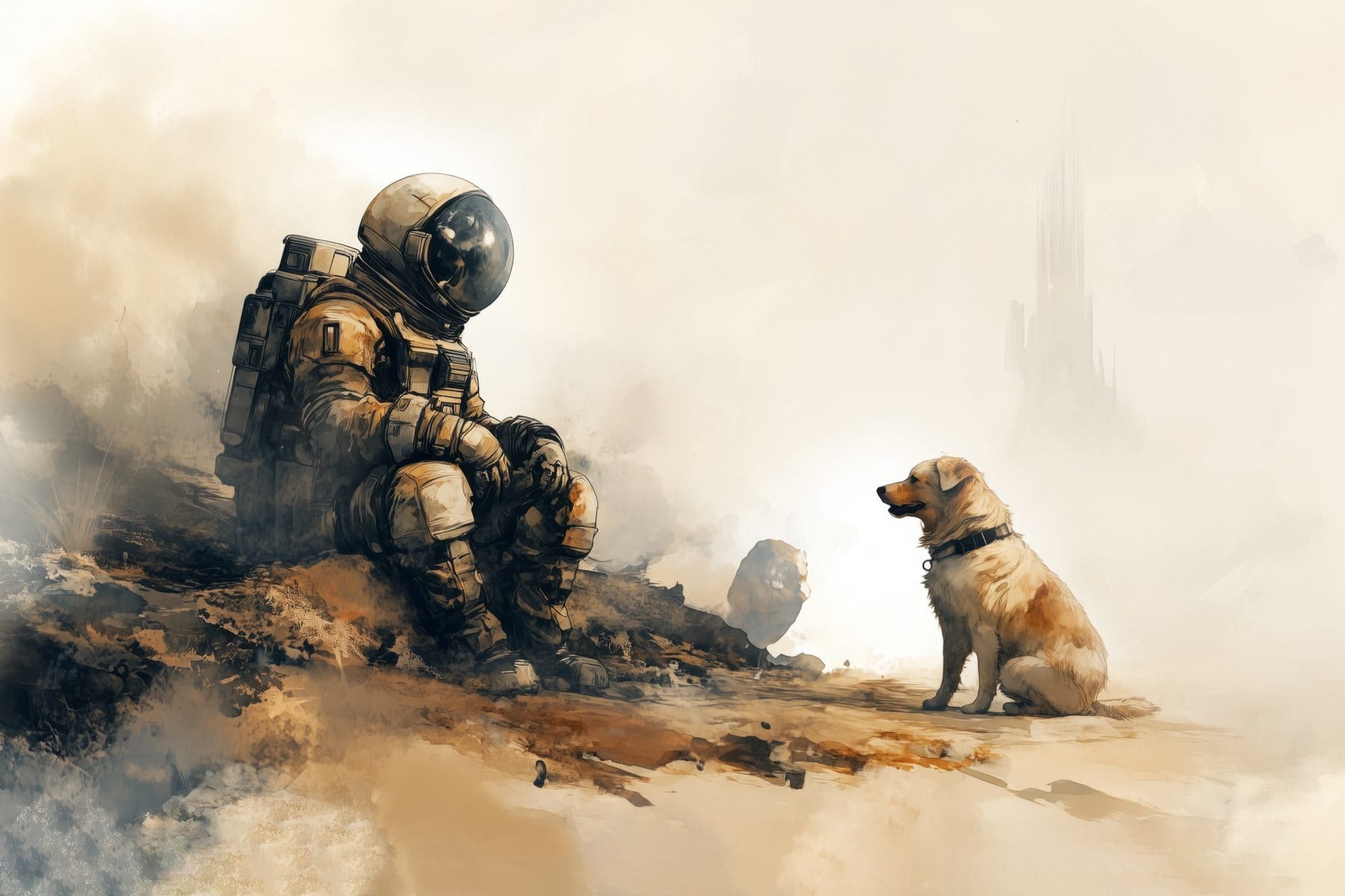 An astronaut sitting on a rock looking at a dog An astronaut sitting on a rock looking at a dog