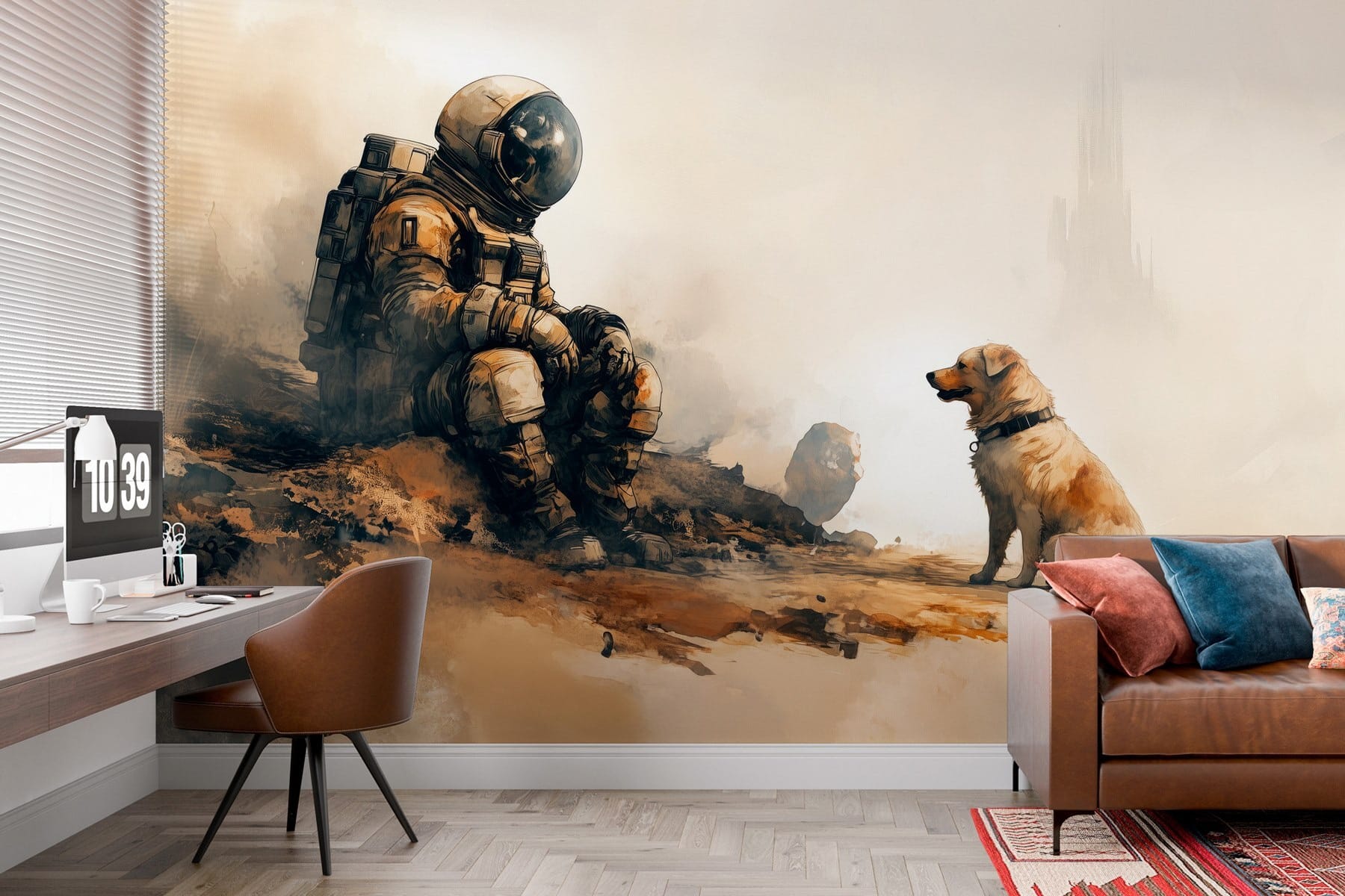 An astronaut sitting on a rock looking at a dog An astronaut sitting on a rock looking at a dog