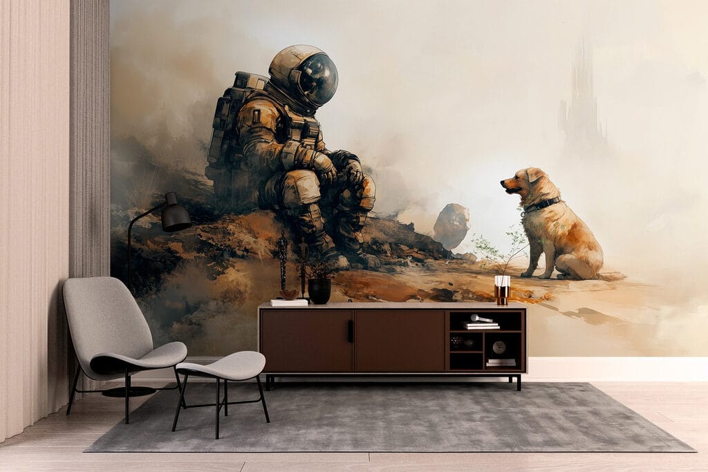 An astronaut sitting on a rock looking at a dog An astronaut sitting on a rock looking at a dog