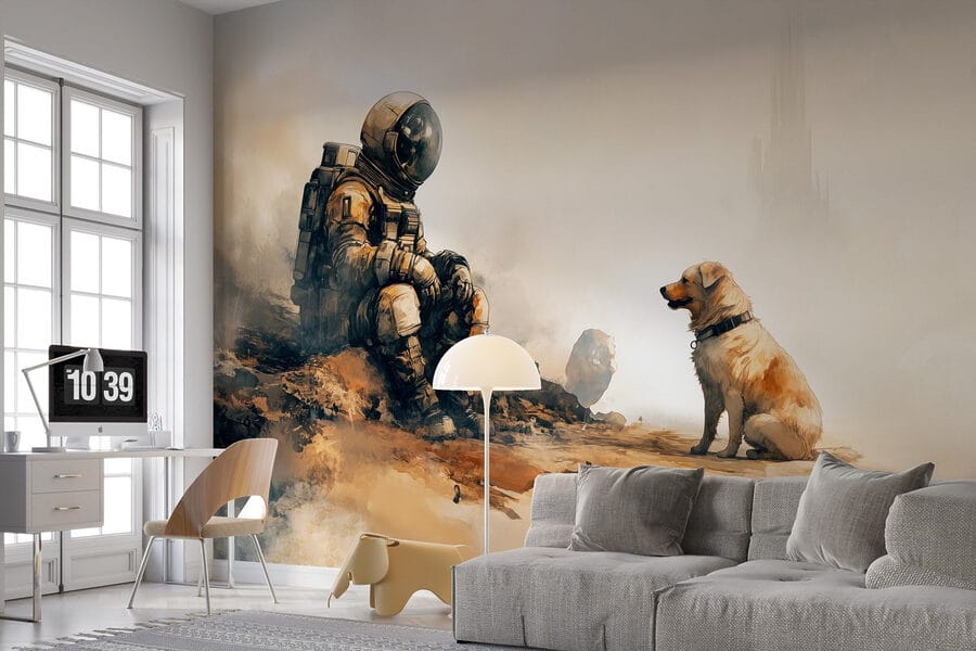Astronaut sedí na skale a pozerá na psa