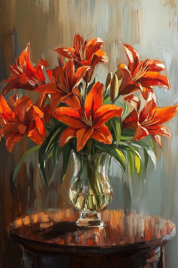 Painting of orange flowers in a glass vase Painting of orange flowers in a glass vase