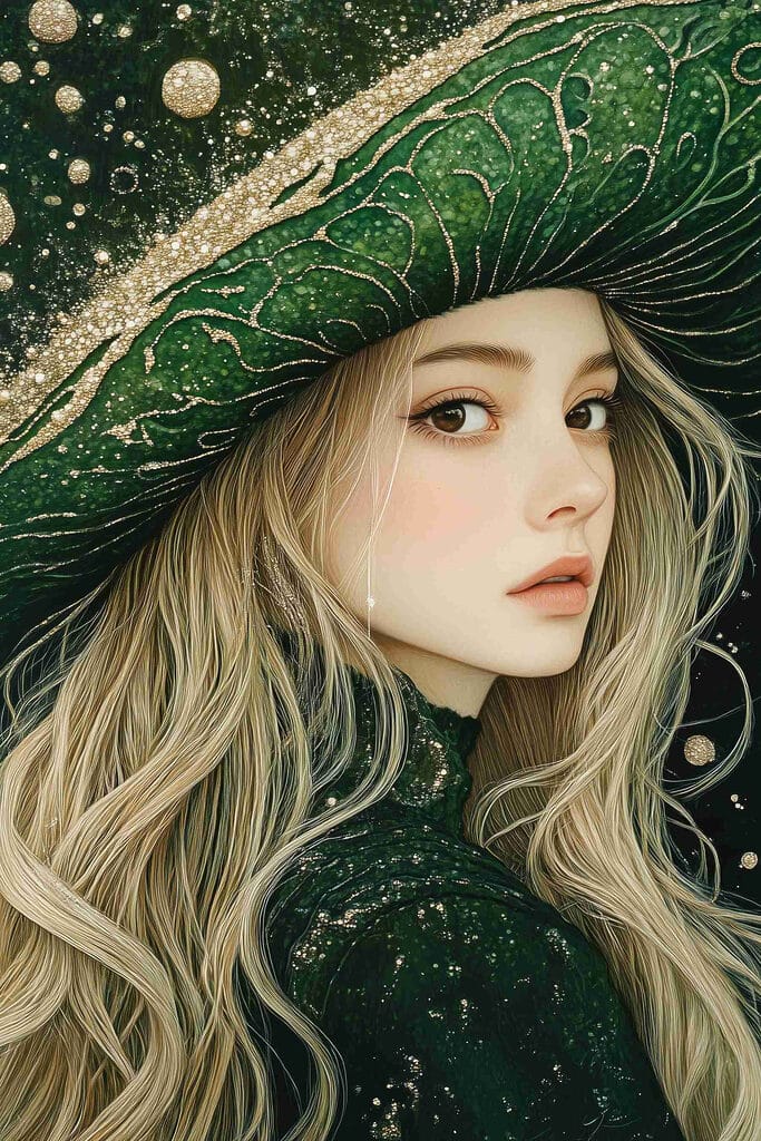 Woman wearing a green hat Woman wearing a green hat