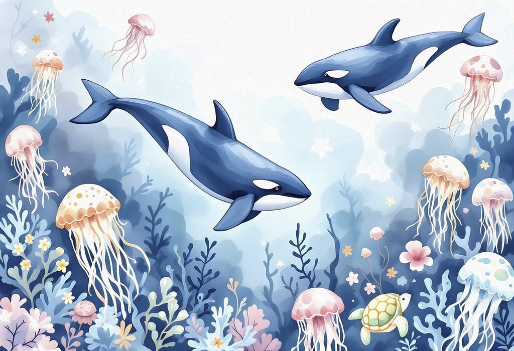Veľryba a korytnačka plávajúce v oceáne Veľryba a korytnačka plávajúce v oceáne