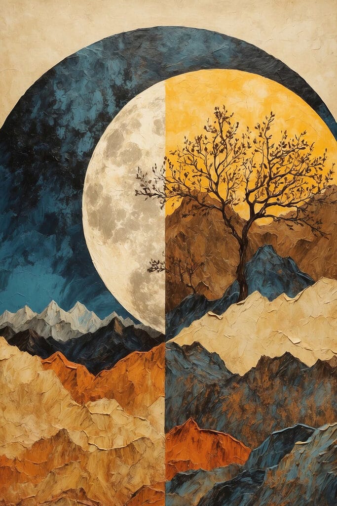 Painting of a tree and mountains Painting of a tree and mountains