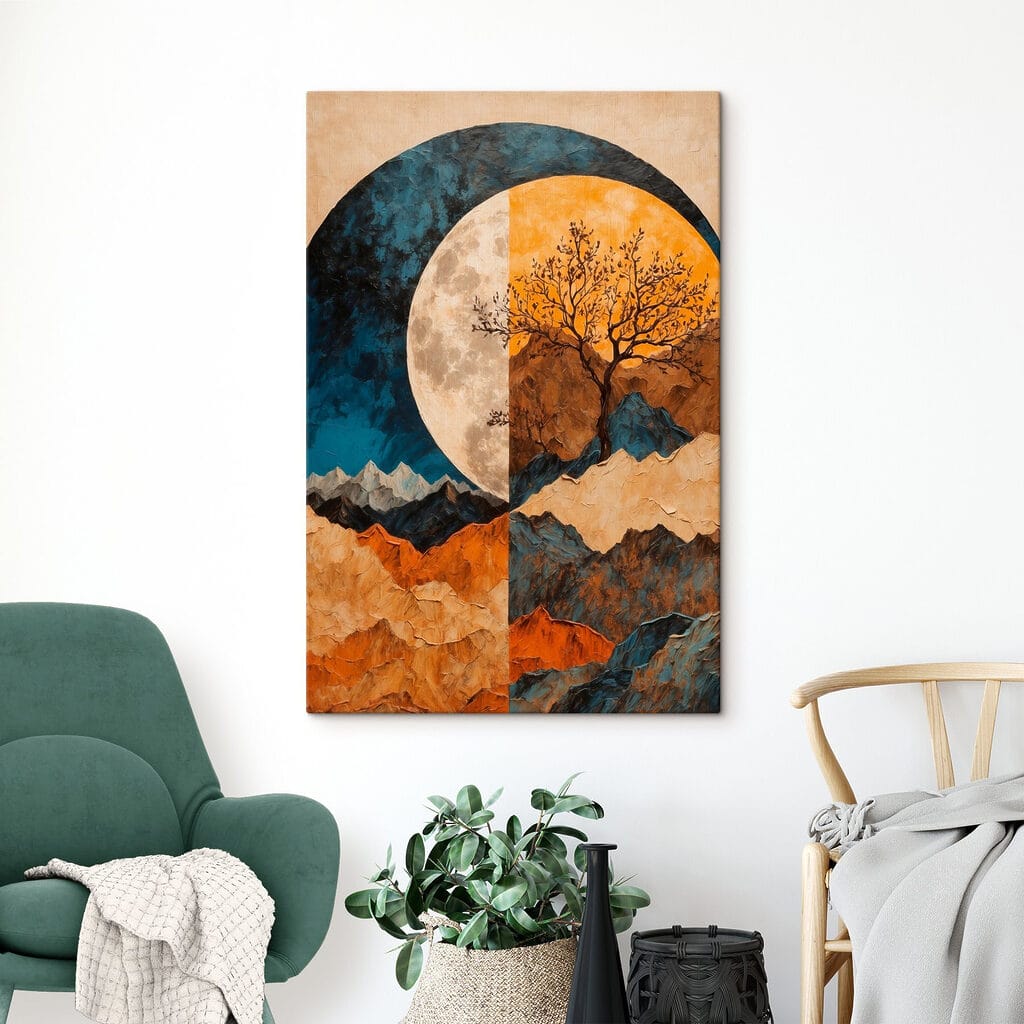 Painting of a tree and mountains Painting of a tree and mountains