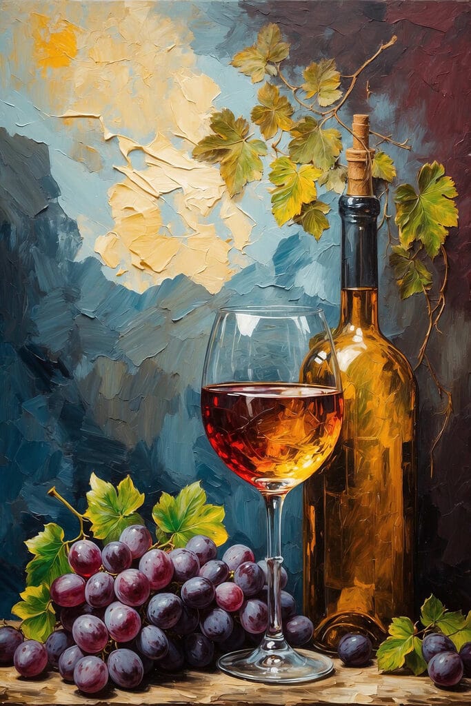 Painting of a wine bottle and a glass of wine