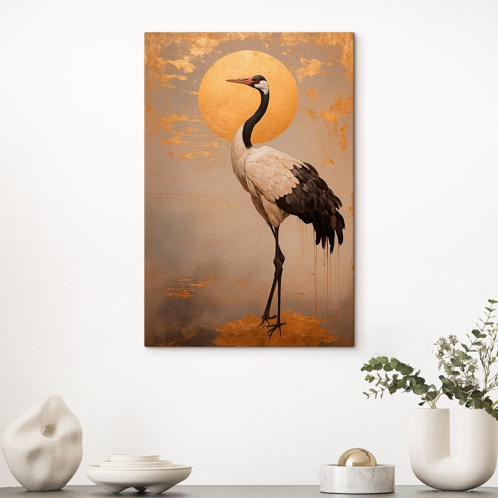 Elegant crane beneath a large sun