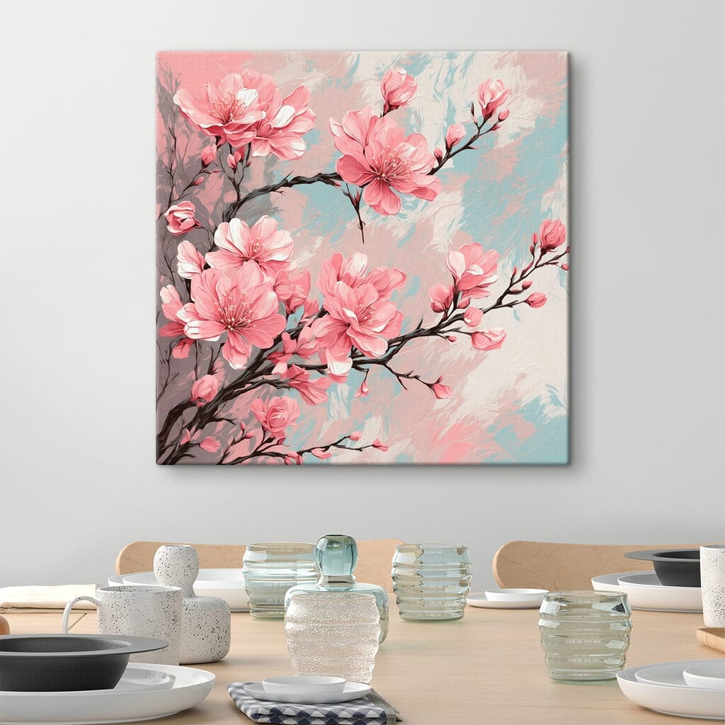 Painting of pink flowers on a branch